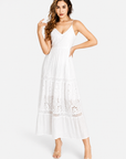 Women's Casual Eyelet Embroidered Maxi Dress Spaghetti Strap Tie Back Cotton Summer Dress