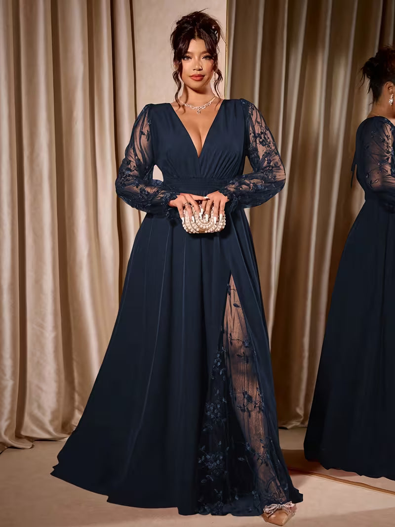 Plus Size Deep V-Neck Embroidered Mesh Maxi Dress – Elegant Waist-Cinching Slit Dress for Women