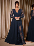 Plus Size Deep V-Neck Embroidered Mesh Maxi Dress – Elegant Waist-Cinching Slit Dress for Women