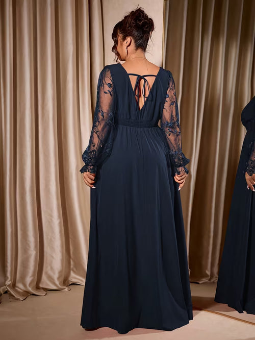 Plus Size Deep V-Neck Embroidered Mesh Maxi Dress – Elegant Waist-Cinching Slit Dress for Women