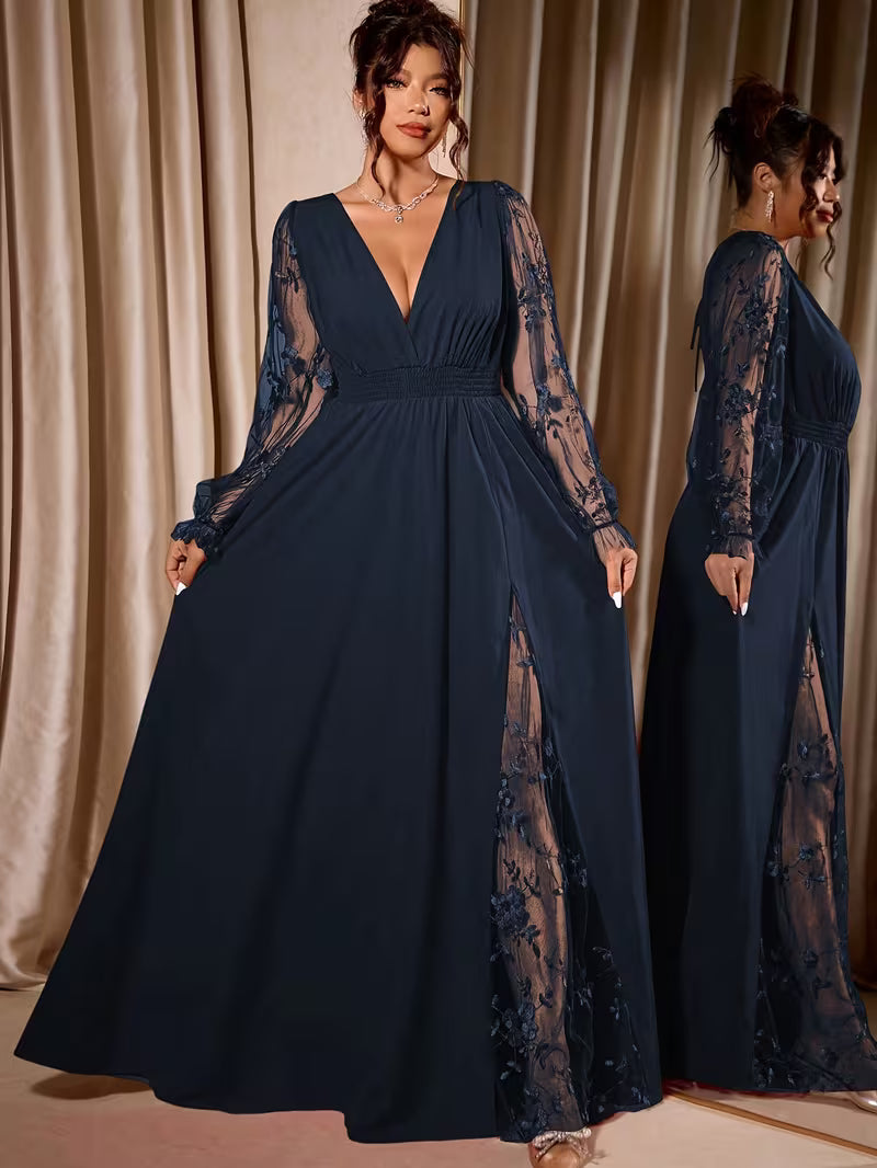 Plus Size Deep V-Neck Embroidered Mesh Maxi Dress – Elegant Waist-Cinching Slit Dress for Women