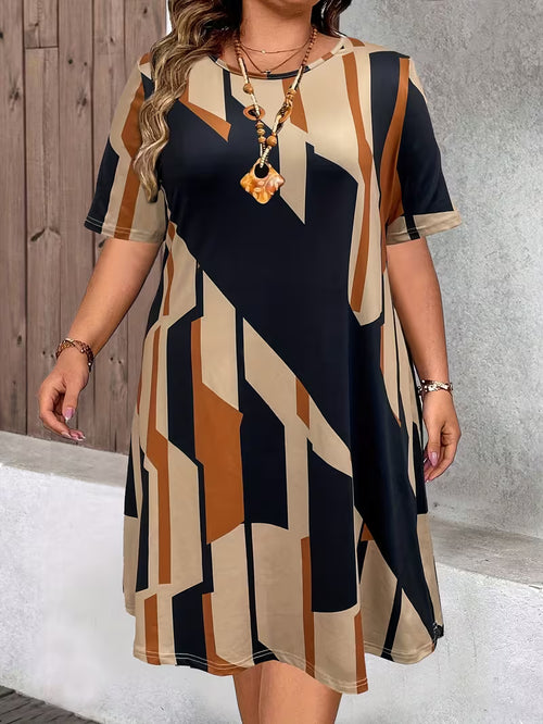 Plus Size Geometric Print Casual Dress – Women's Round Neck Short Sleeve Loose Summer Dress