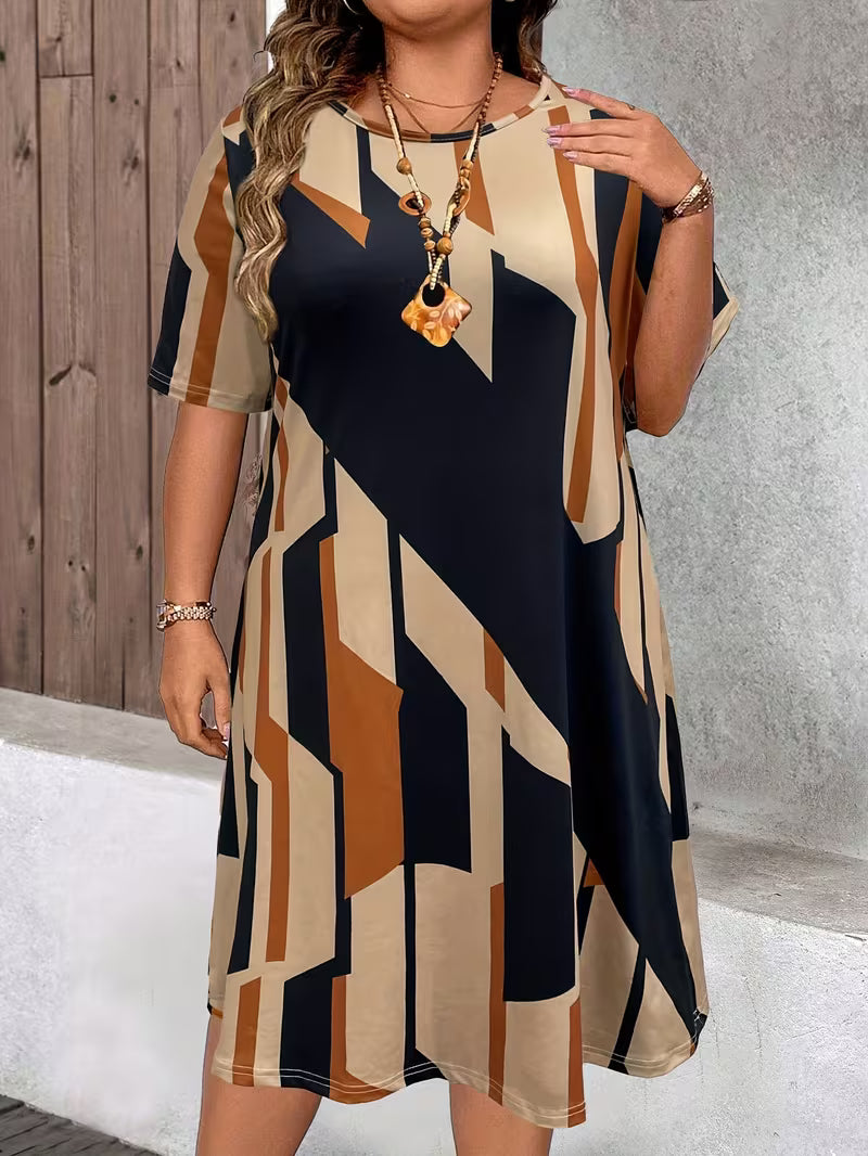 Plus Size Geometric Print Casual Dress – Women's Round Neck Short Sleeve Loose Summer Dress