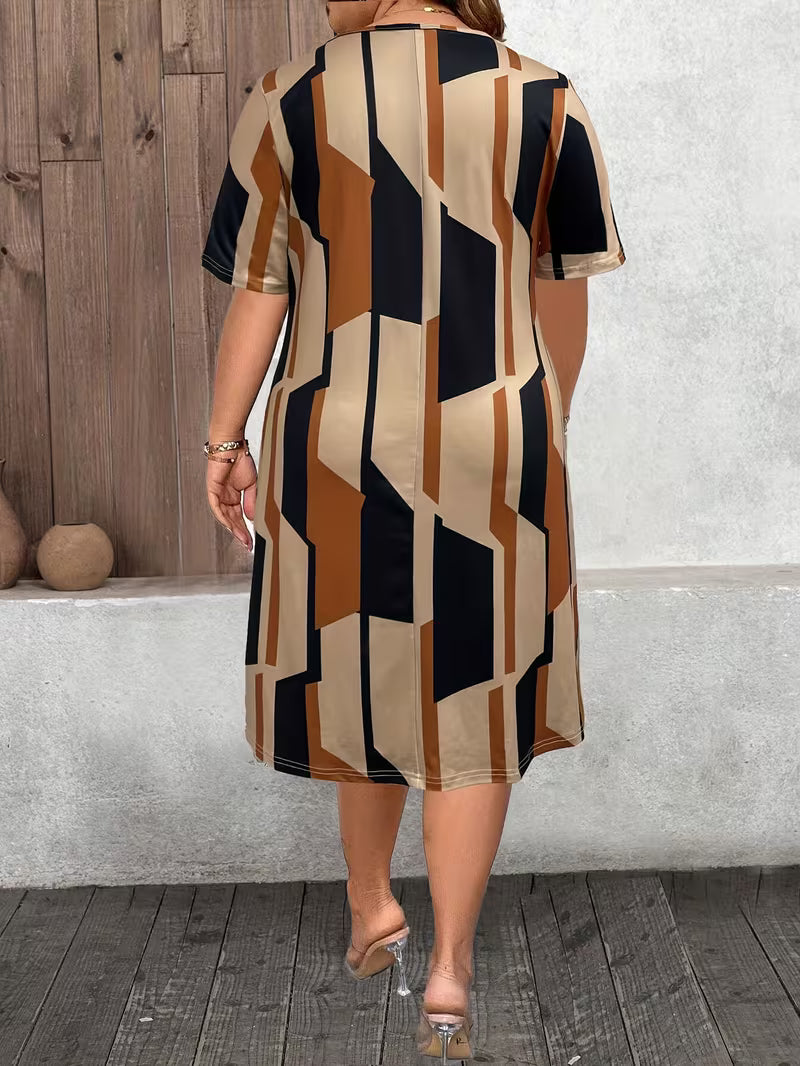 Plus Size Geometric Print Casual Dress – Women's Round Neck Short Sleeve Loose Summer Dress