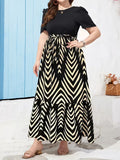 Plus Size Geometric Print Midi Dress – Puff Sleeve Belted Summer Vacation Dress