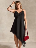 Plus Size V-Neck Lace Patchwork Cami Dress – Asymmetrical Hem Elegant Summer Dress