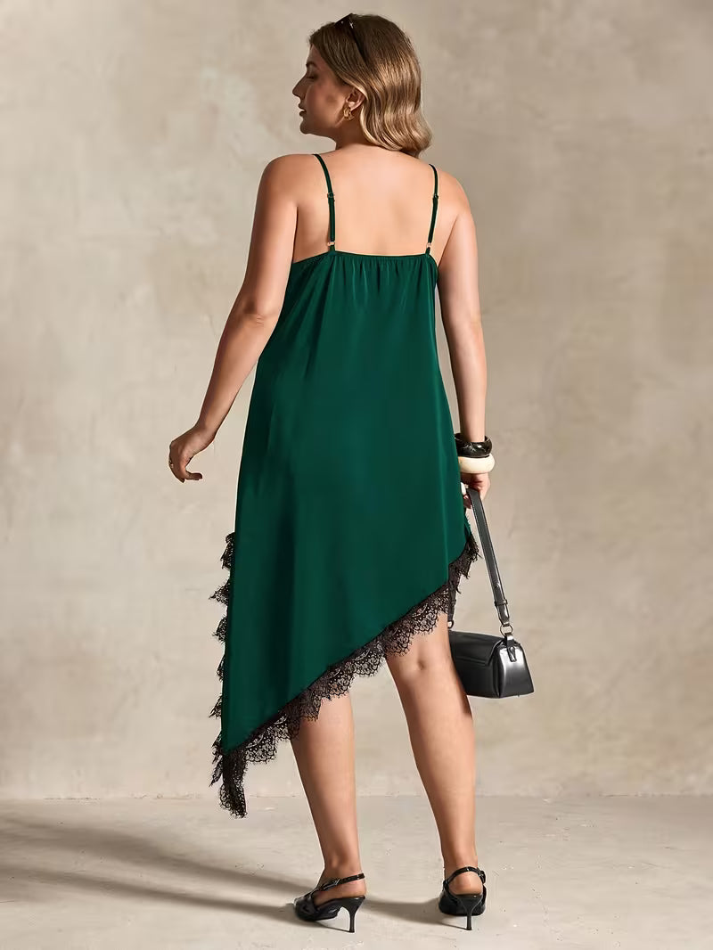 Plus Size V-Neck Lace Patchwork Cami Dress – Asymmetrical Hem Elegant Summer Dress