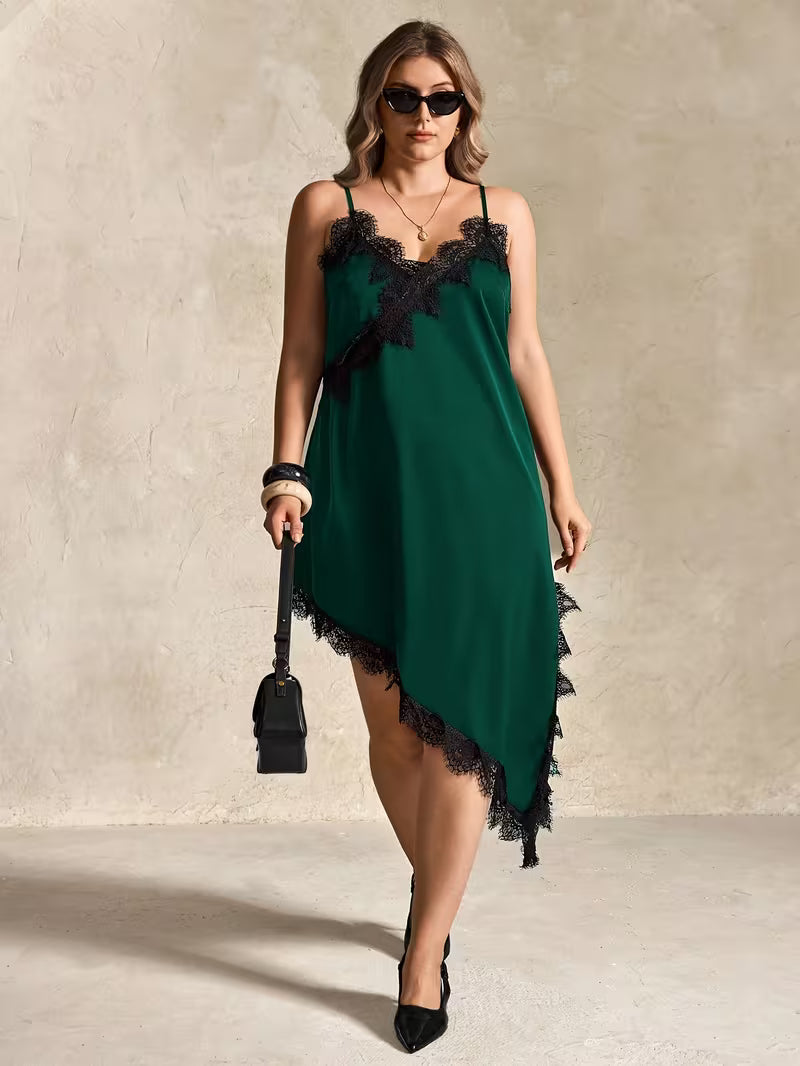 Plus Size V-Neck Lace Patchwork Cami Dress – Asymmetrical Hem Elegant Summer Dress