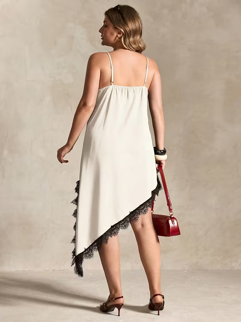 Plus Size V-Neck Lace Patchwork Cami Dress – Asymmetrical Hem Elegant Summer Dress