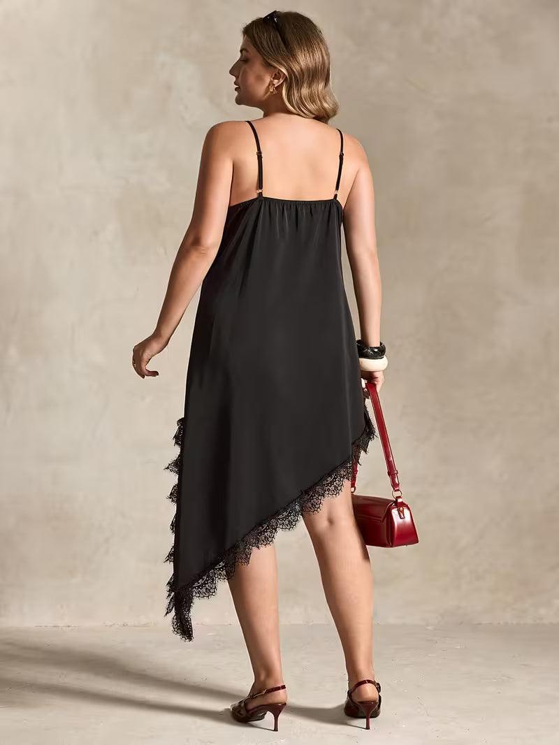 Plus Size V-Neck Lace Patchwork Cami Dress – Asymmetrical Hem Elegant Summer Dress