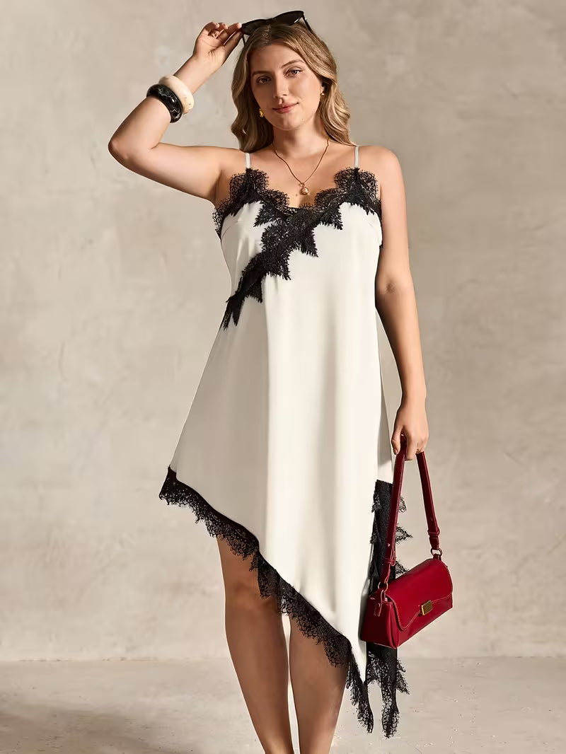 Plus Size V-Neck Lace Patchwork Cami Dress – Asymmetrical Hem Elegant Summer Dress
