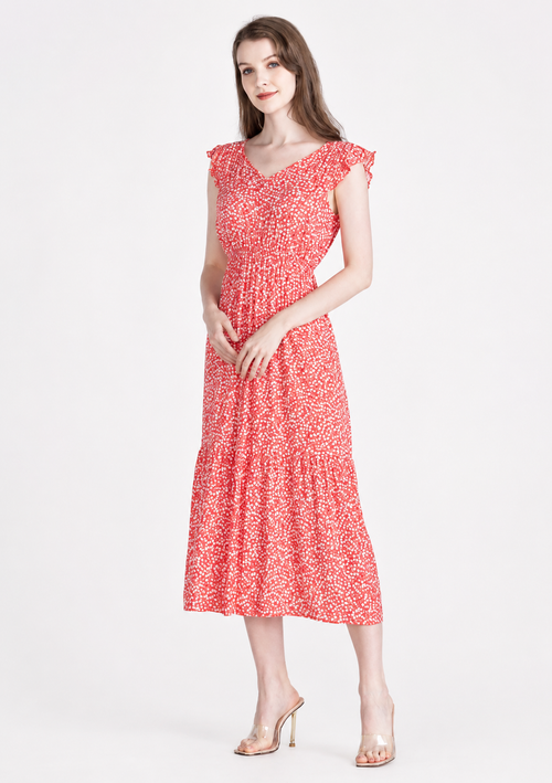 Women's Casual Ditsy Floral V-Neck Ruffle Sleeve Midi Dress  Button Detail Ruffle Hem Summer Dress