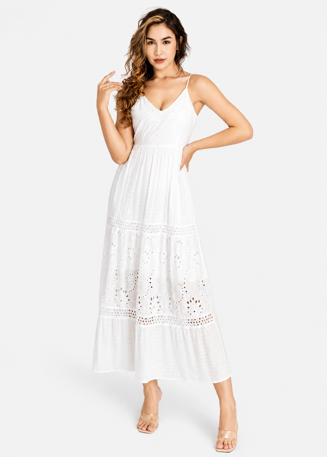 Women's Casual Eyelet Embroidered Maxi Dress  Spaghetti Strap Tie Back Cotton Summer Dress