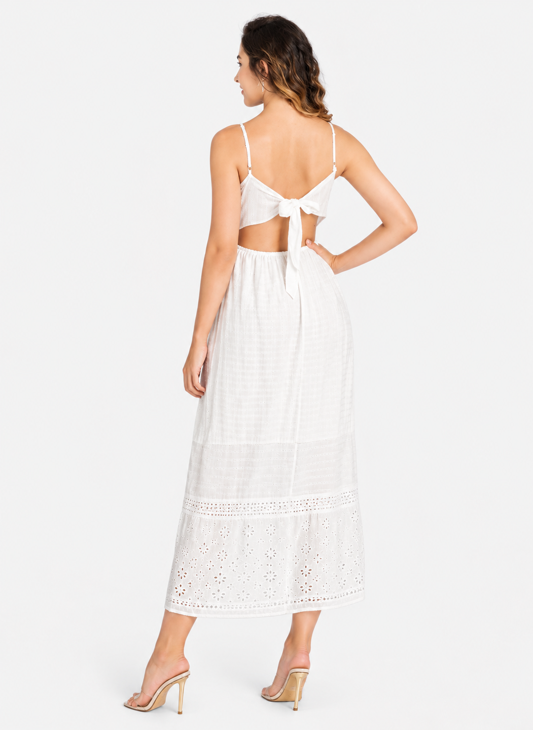 Women's Casual Eyelet Embroidered Maxi Dress  Spaghetti Strap Tie Back Cotton Summer Dress