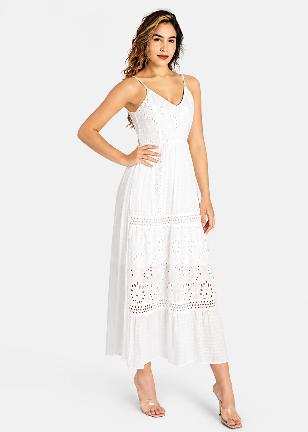 Women's Casual Eyelet Embroidered Maxi Dress  Spaghetti Strap Tie Back Cotton Summer Dress