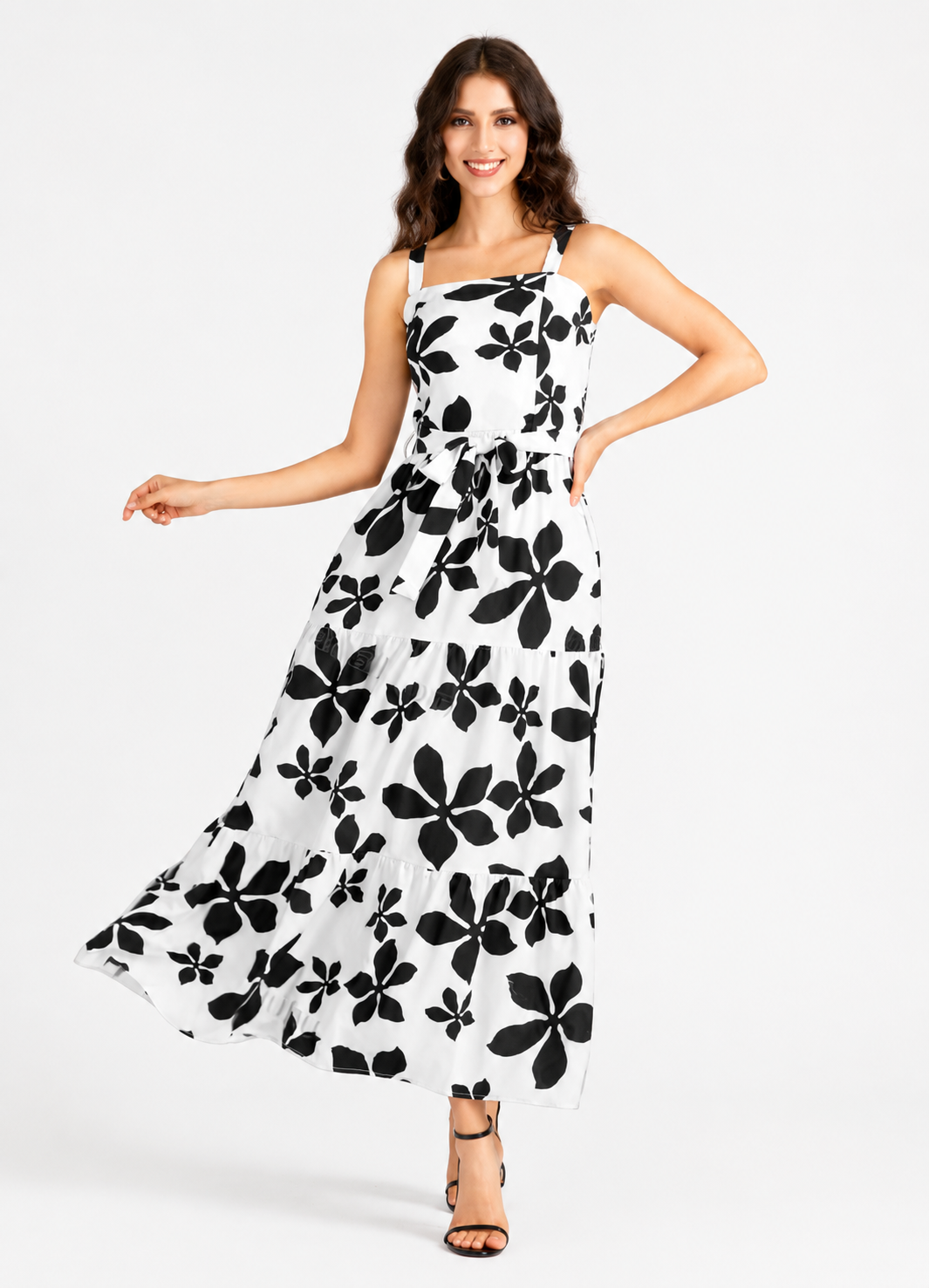 Women's Casual Floral Print Square Neck Shirred Maxi Cami Dress with Belt  Ruffle Hem Summer Dress