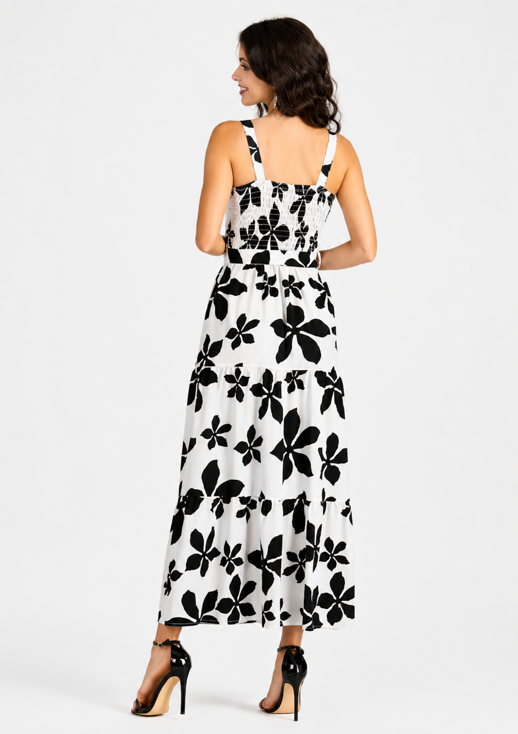 Women's Casual Floral Print Square Neck Shirred Maxi Cami Dress with Belt  Ruffle Hem Summer Dress