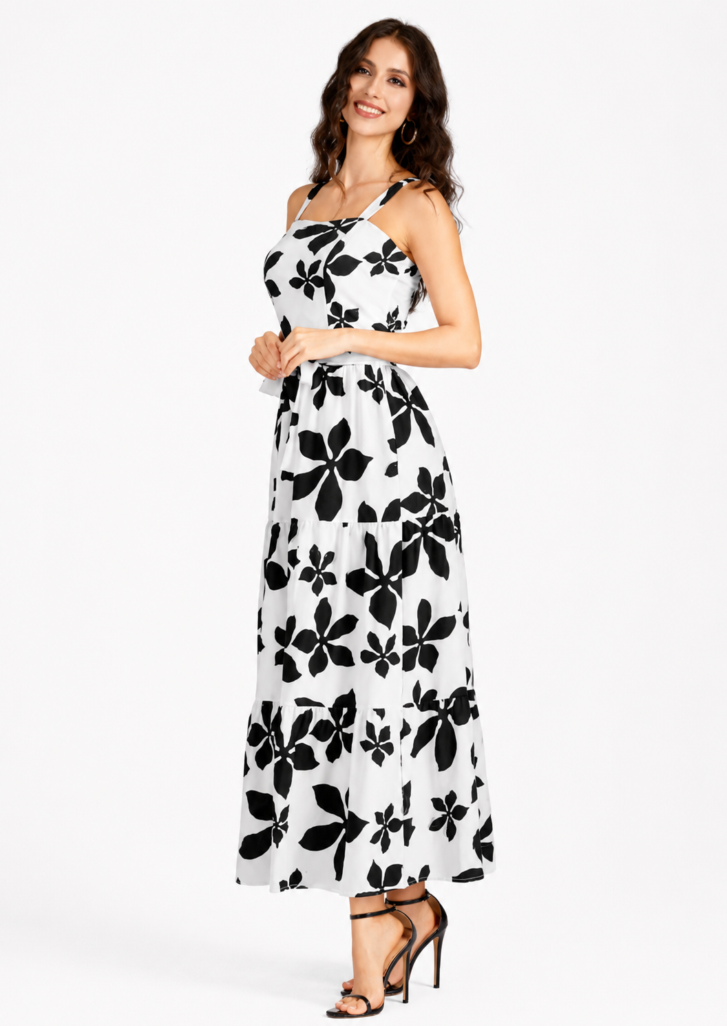 Women's Casual Floral Print Square Neck Shirred Maxi Cami Dress with Belt  Ruffle Hem Summer Dress