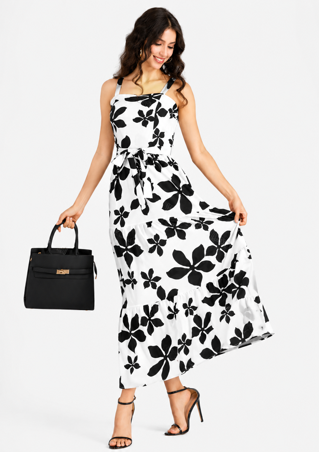 Women's Casual Floral Print Square Neck Shirred Maxi Cami Dress with Belt  Ruffle Hem Summer Dress
