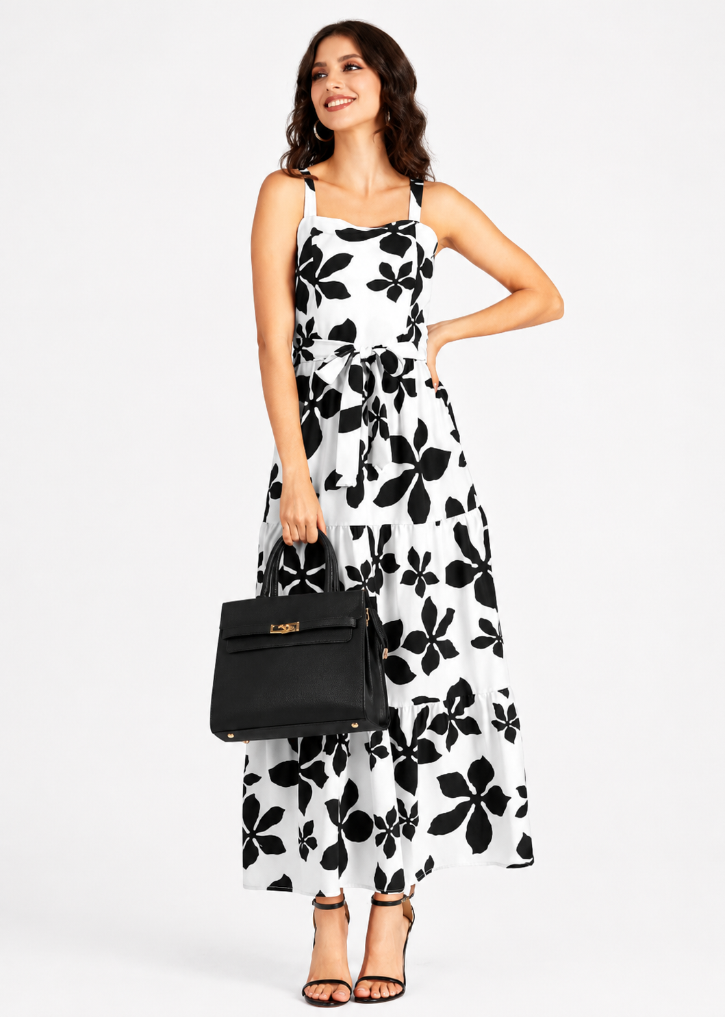 Women's Casual Floral Print Square Neck Shirred Maxi Cami Dress with Belt  Ruffle Hem Summer Dress
