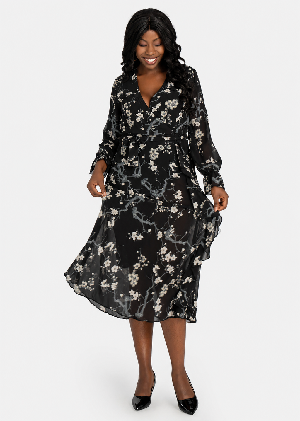 Women's Casual Floral Print Wrap V-Neck Mesh Ruffle Trim Midi Dress with Belt  Long Sleeve Spring Dress