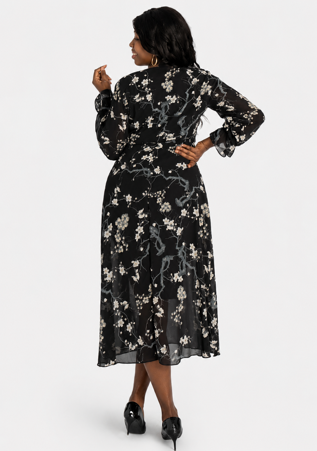 Women's Casual Floral Print Wrap V-Neck Mesh Ruffle Trim Midi Dress with Belt  Long Sleeve Spring Dress