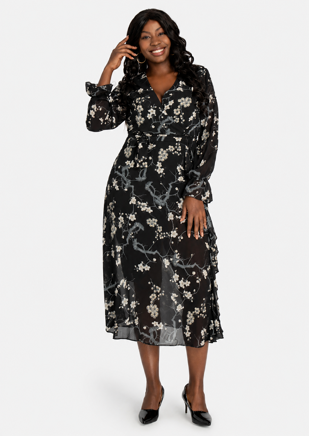 Women's Casual Floral Print Wrap V-Neck Mesh Ruffle Trim Midi Dress with Belt  Long Sleeve Spring Dress