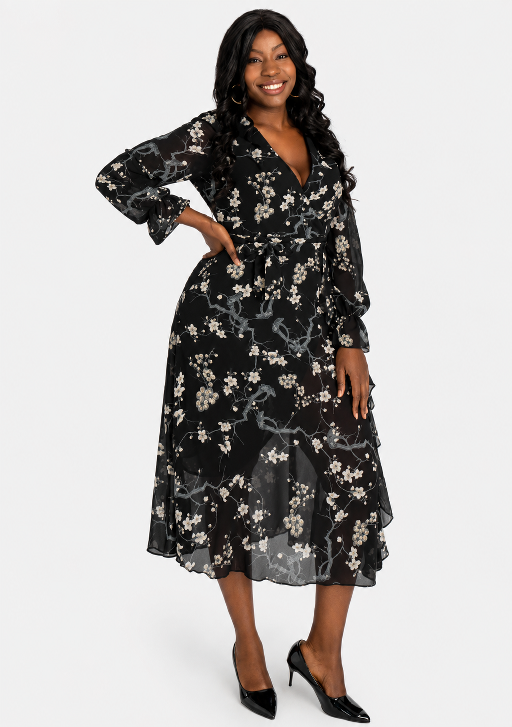 Women's Casual Floral Print Wrap V-Neck Mesh Ruffle Trim Midi Dress with Belt  Long Sleeve Spring Dress
