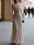 Women's Champagne Gray Pleated Evening Gown – Elegant Draped Cape Sleeve Formal Maxi Dress