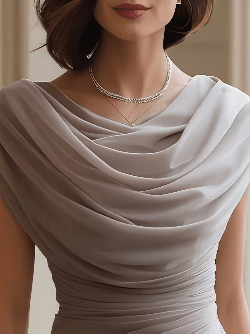 Women's Champagne Gray Pleated Evening Gown – Elegant Draped Cape Sleeve Formal Maxi Dress