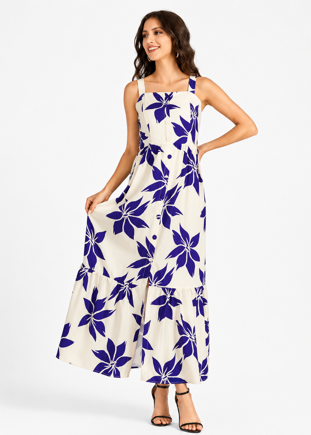 Women's Elegant Floral Print Shirred Maxi Cami Dress  Square Neck Button Front Ruffle Hem Summer Dress