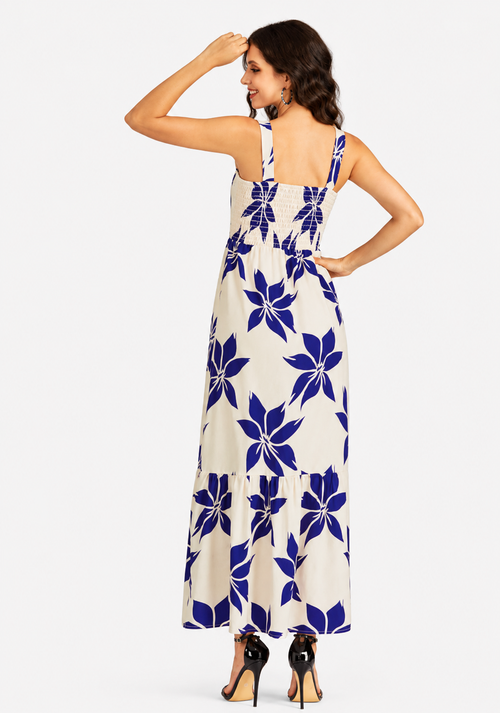 Women's Elegant Floral Print Shirred Maxi Cami Dress  Square Neck Button Front Ruffle Hem Summer Dress