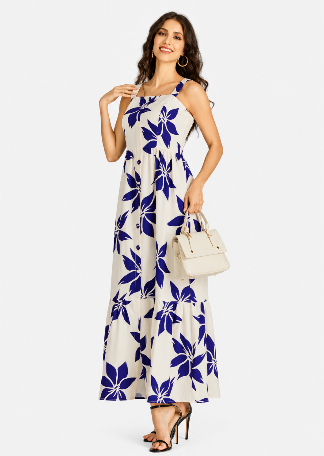 Women's Elegant Floral Print Shirred Maxi Cami Dress  Square Neck Button Front Ruffle Hem Summer Dress