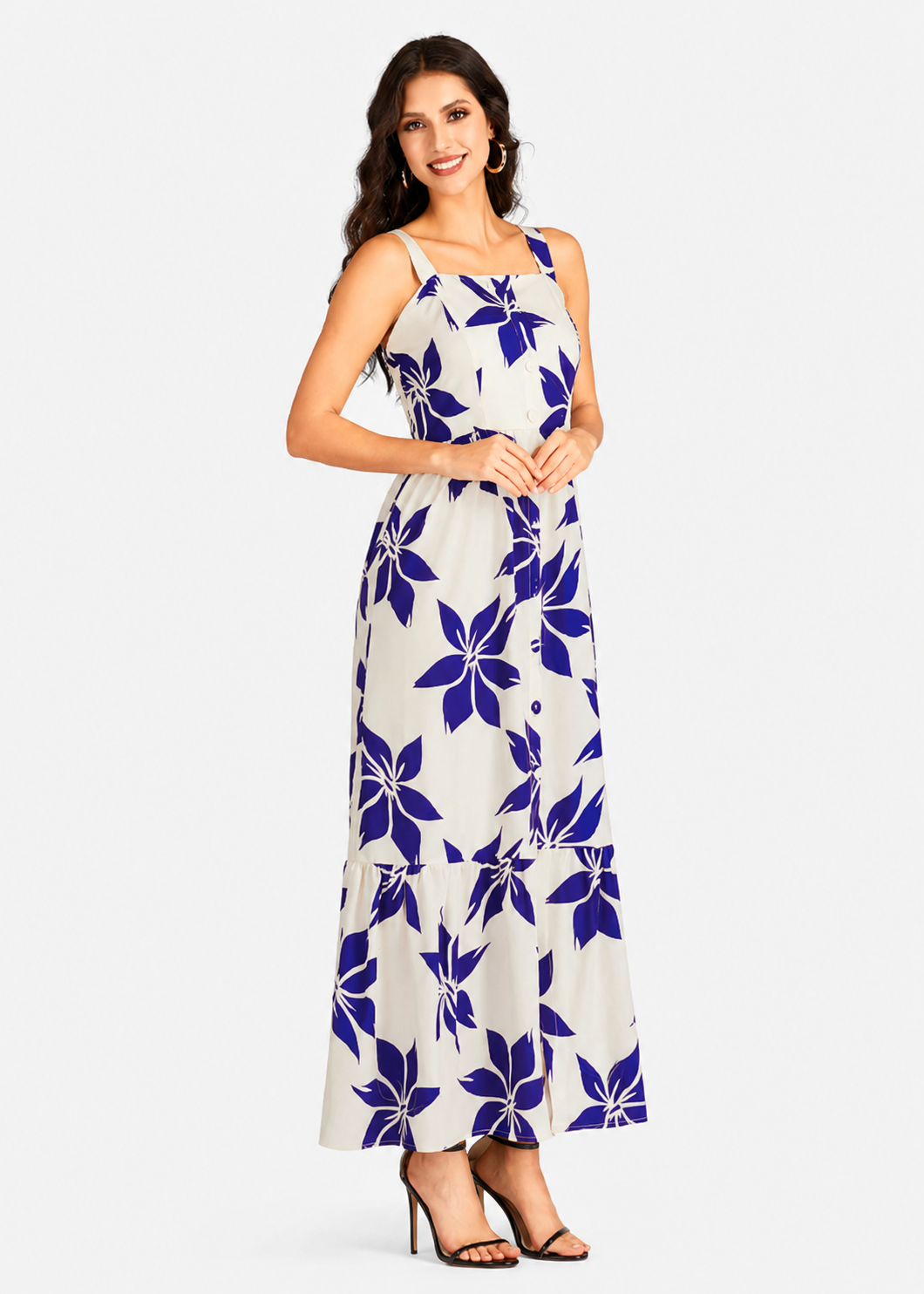Women's Elegant Floral Print Shirred Maxi Cami Dress  Square Neck Button Front Ruffle Hem Summer Dress