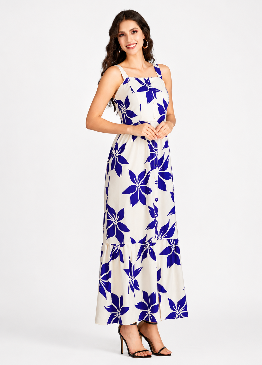 Women's Elegant Floral Print Shirred Maxi Cami Dress  Square Neck Button Front Ruffle Hem Summer Dress