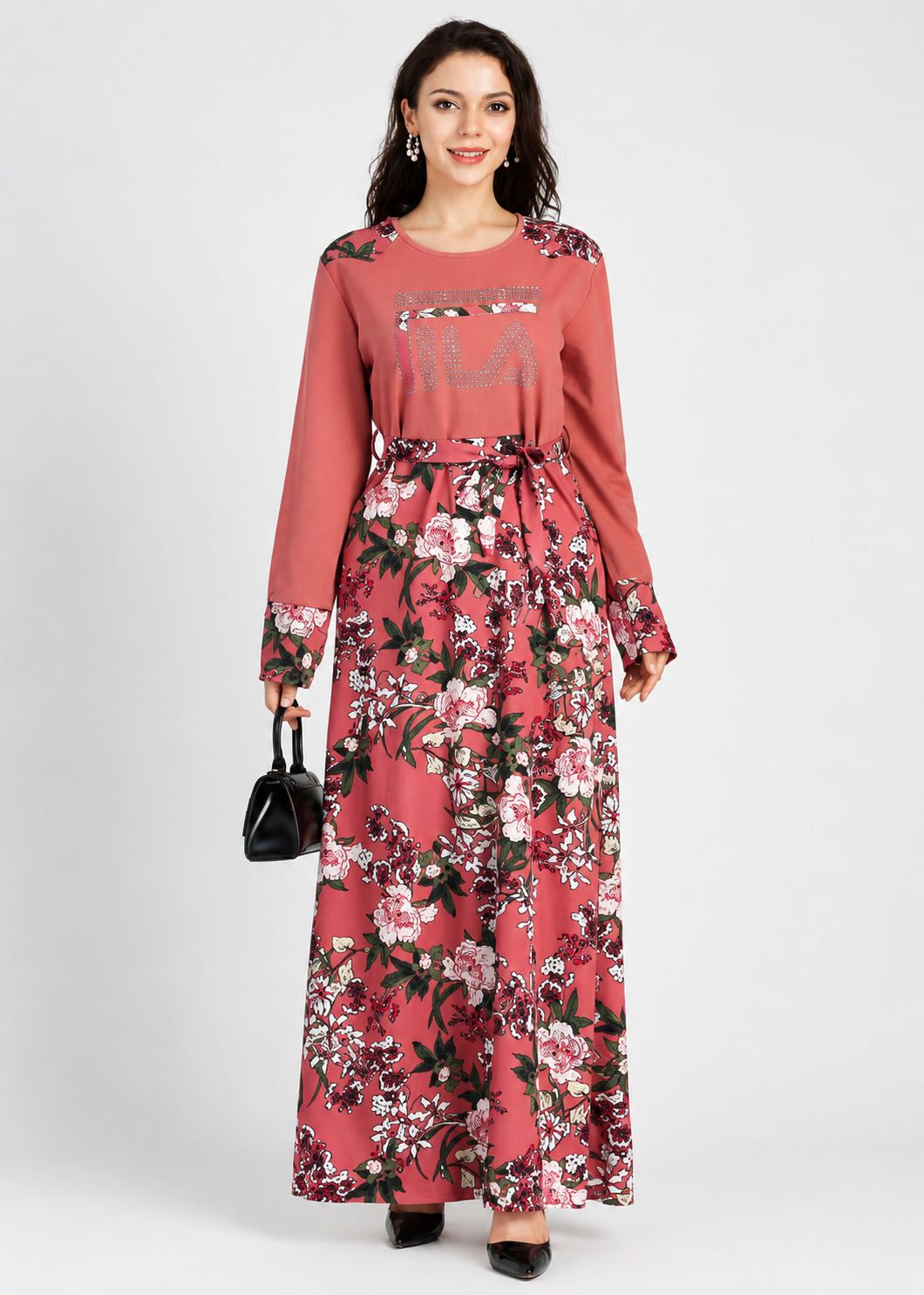 Women's Floral Print A-Line Maxi Dress  Long Sleeve Round Neck Spliced Spring Dress with Belt