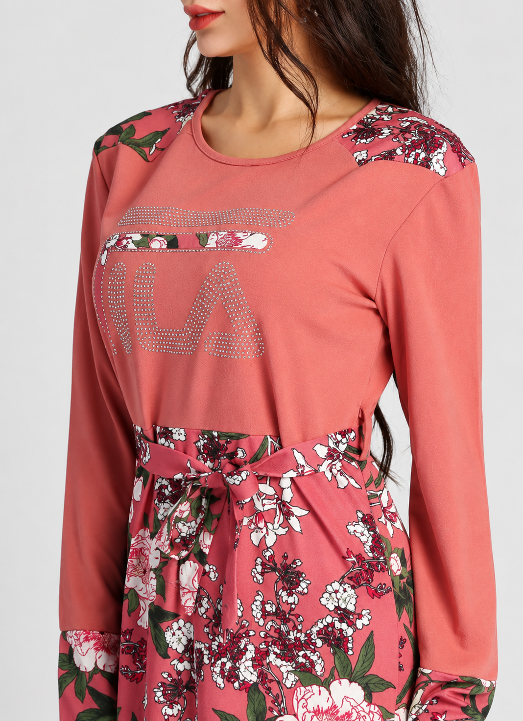 Women's Floral Print A-Line Maxi Dress  Long Sleeve Round Neck Spliced Spring Dress with Belt