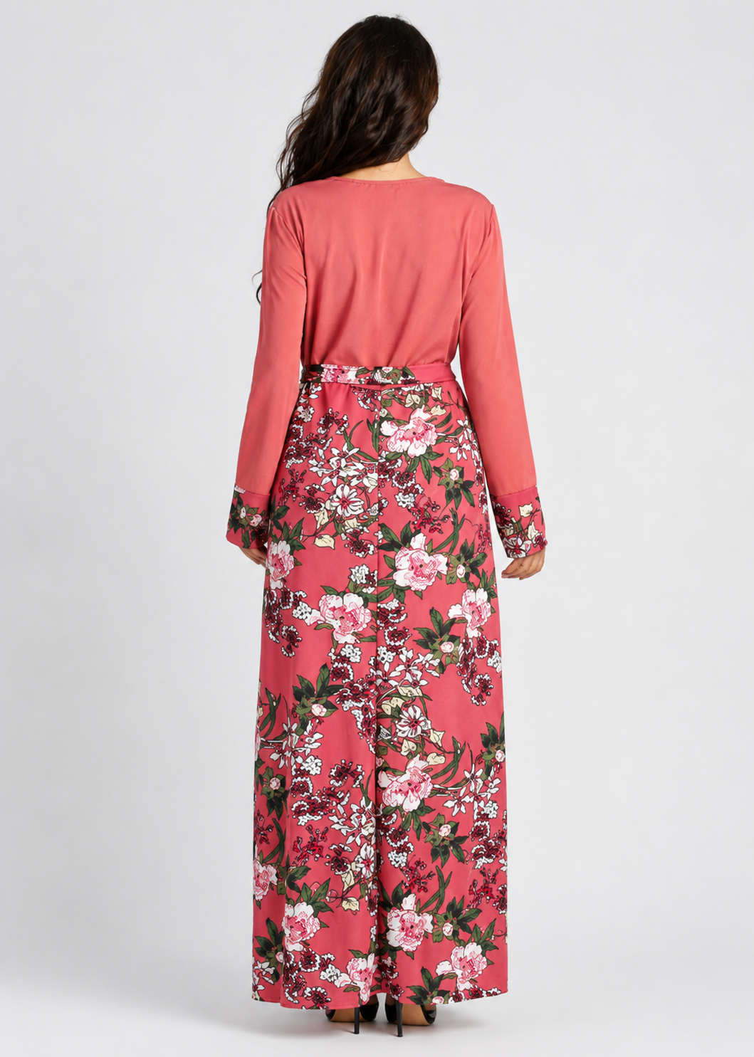 Women's Floral Print A-Line Maxi Dress  Long Sleeve Round Neck Spliced Spring Dress with Belt