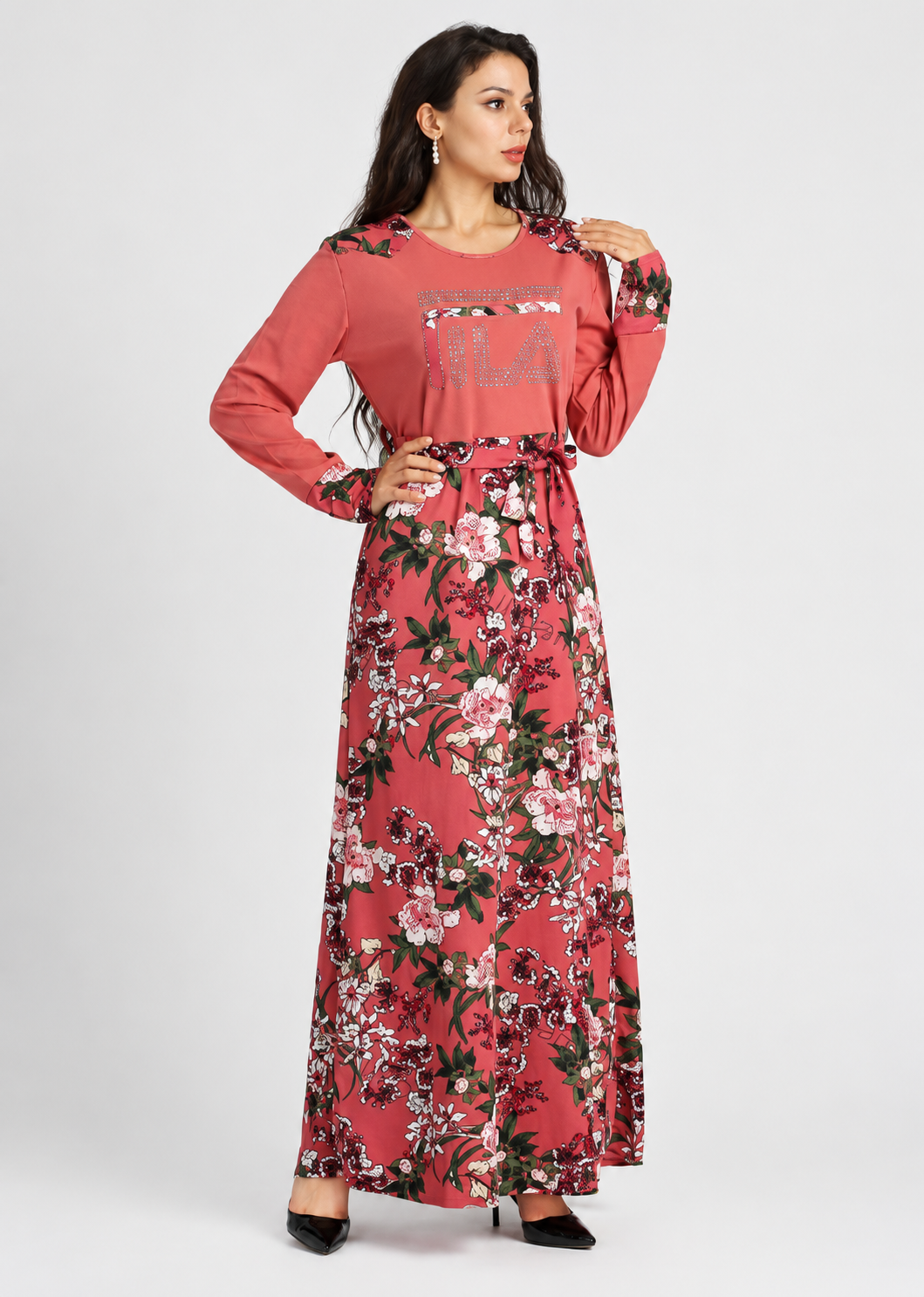 Women's Floral Print A-Line Maxi Dress  Long Sleeve Round Neck Spliced Spring Dress with Belt