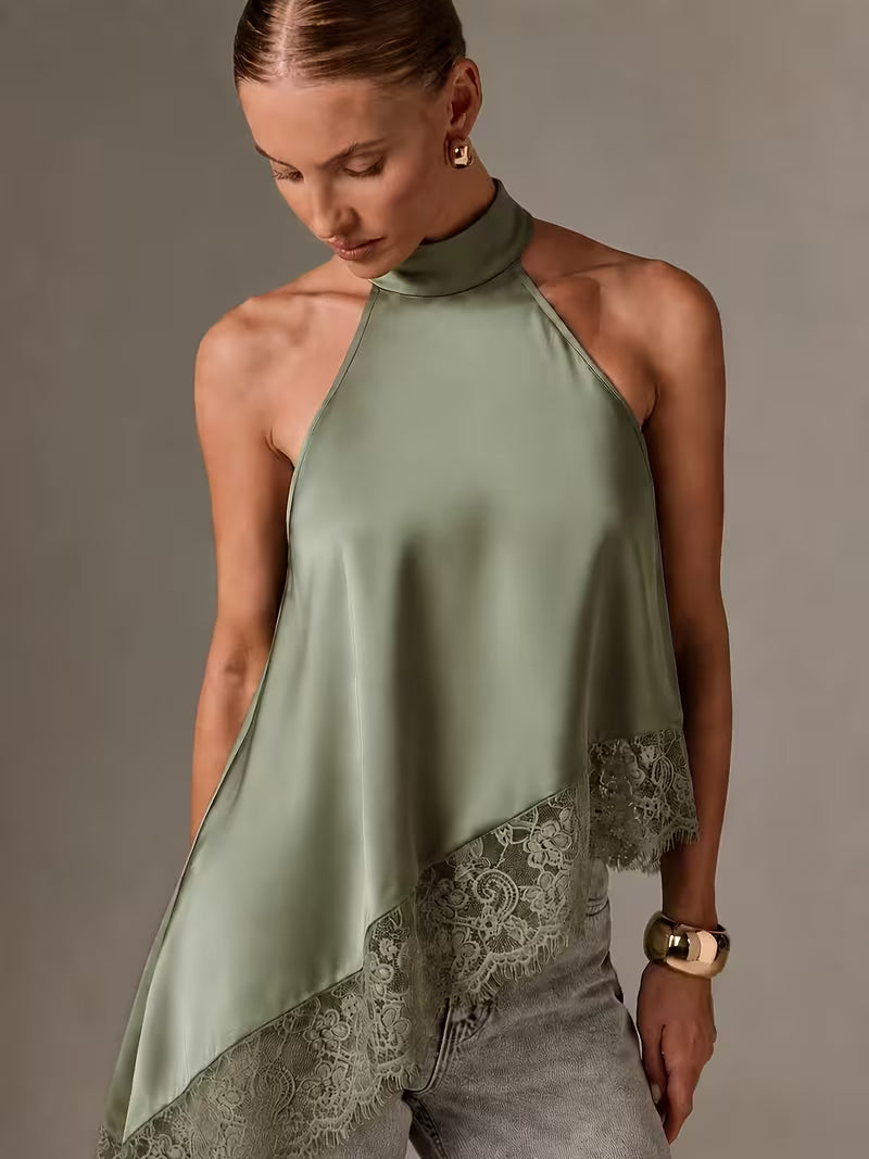 Women's Irregular Patchwork Halter Top – Elegant Lace Neck Sleeveless Blouse