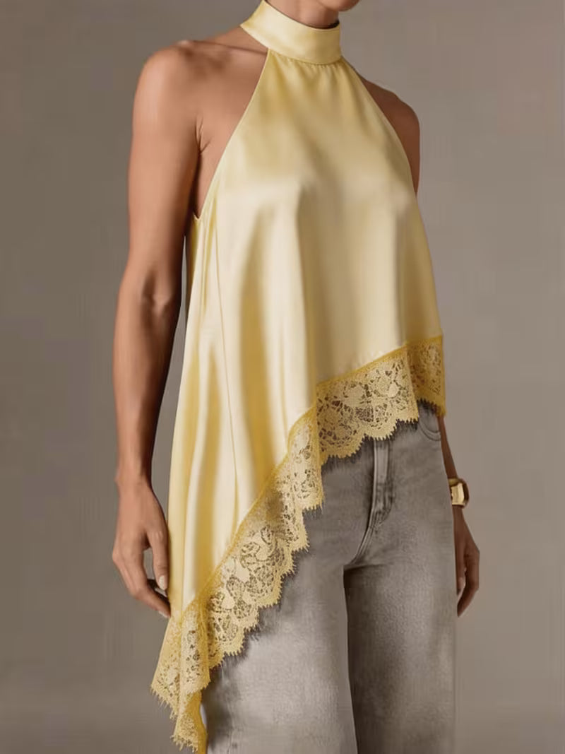 Women's Irregular Patchwork Halter Top – Elegant Lace Neck Sleeveless Blouse