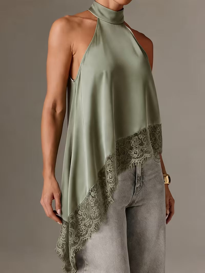 Women's Irregular Patchwork Halter Top – Elegant Lace Neck Sleeveless Blouse