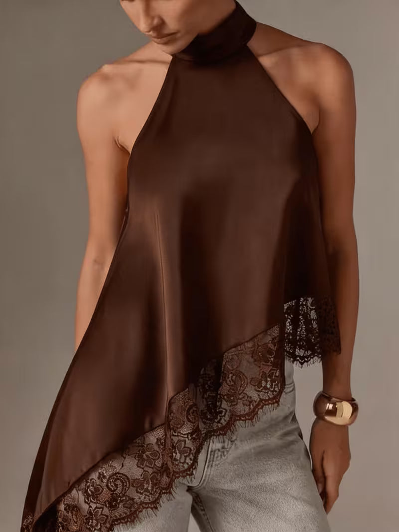 Women's Irregular Patchwork Halter Top – Elegant Lace Neck Sleeveless Blouse