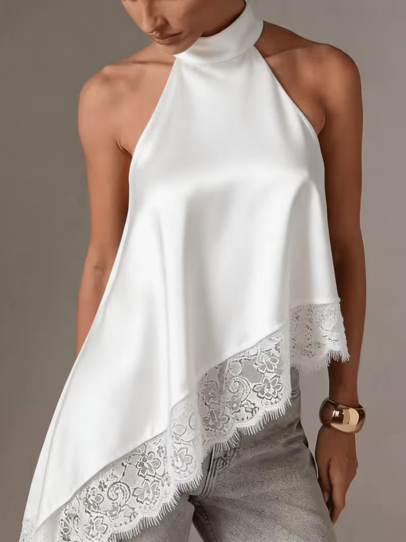 Women's Irregular Patchwork Halter Top – Elegant Lace Neck Sleeveless Blouse