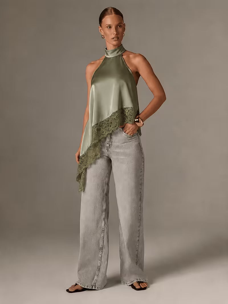 Women's Irregular Patchwork Halter Top – Elegant Lace Neck Sleeveless Blouse