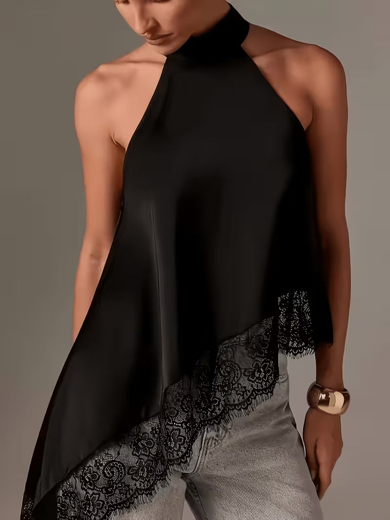 Women's Irregular Patchwork Halter Top – Elegant Lace Neck Sleeveless Blouse