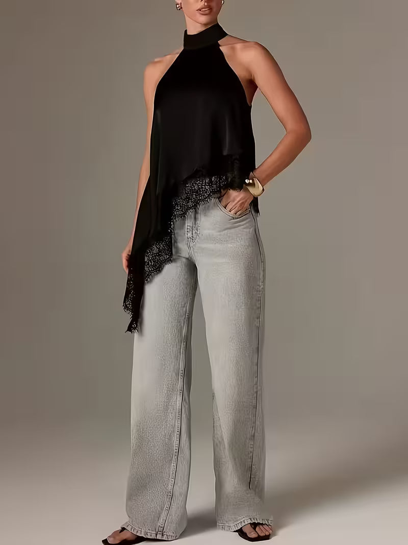 Women's Irregular Patchwork Halter Top – Elegant Lace Neck Sleeveless Blouse