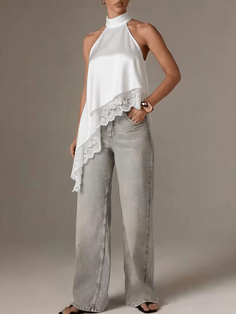 Women's Irregular Patchwork Halter Top – Elegant Lace Neck Sleeveless Blouse