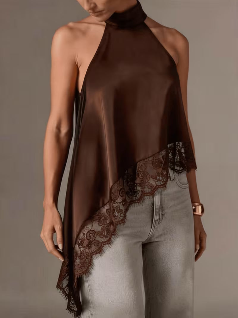 Women's Irregular Patchwork Halter Top – Elegant Lace Neck Sleeveless Blouse