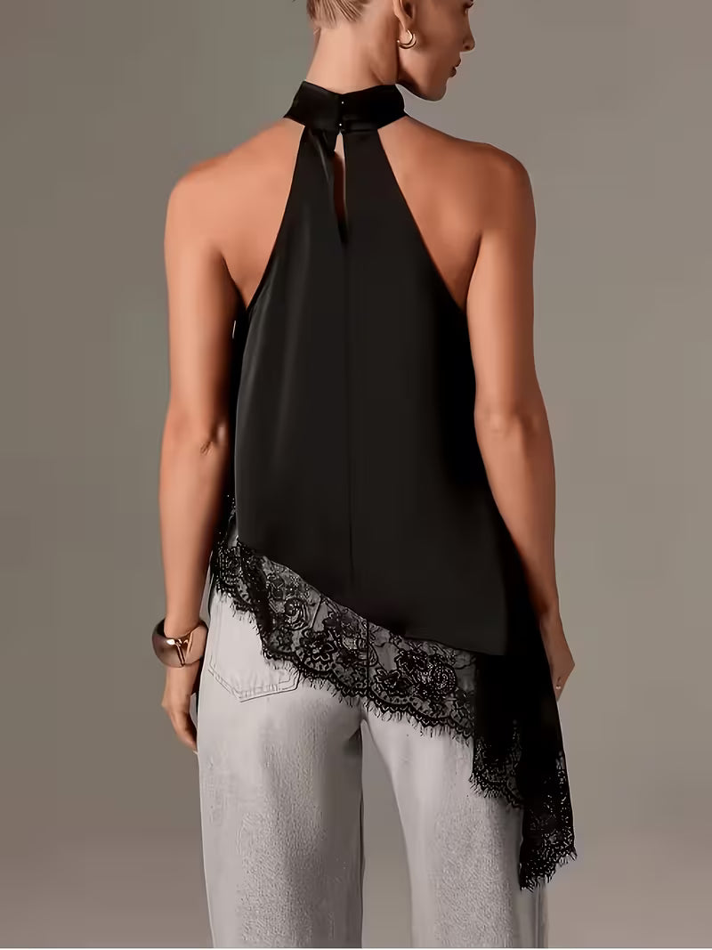 Women's Irregular Patchwork Halter Top – Elegant Lace Neck Sleeveless Blouse